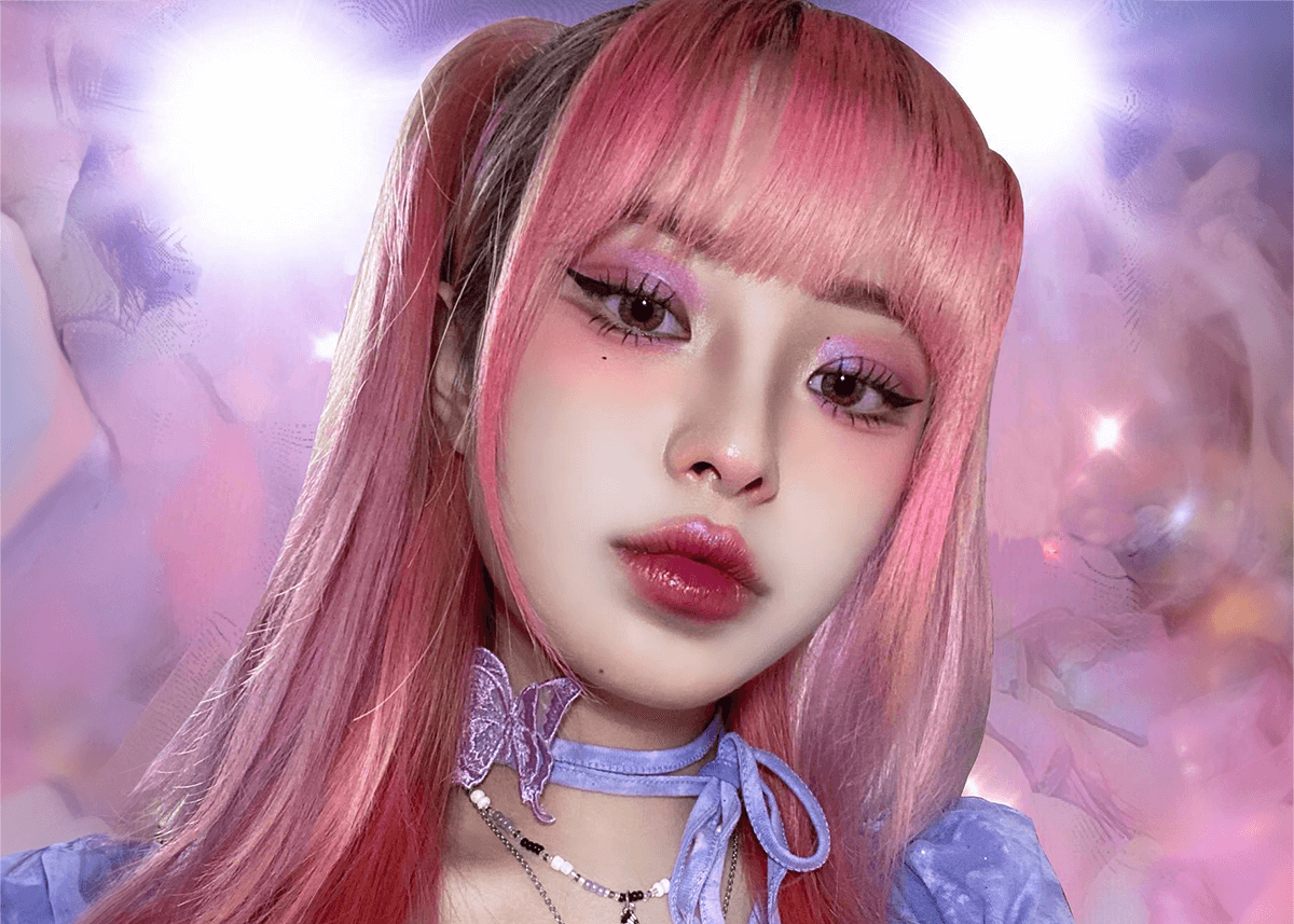 A close-up image of a model with a kawaii makeup look