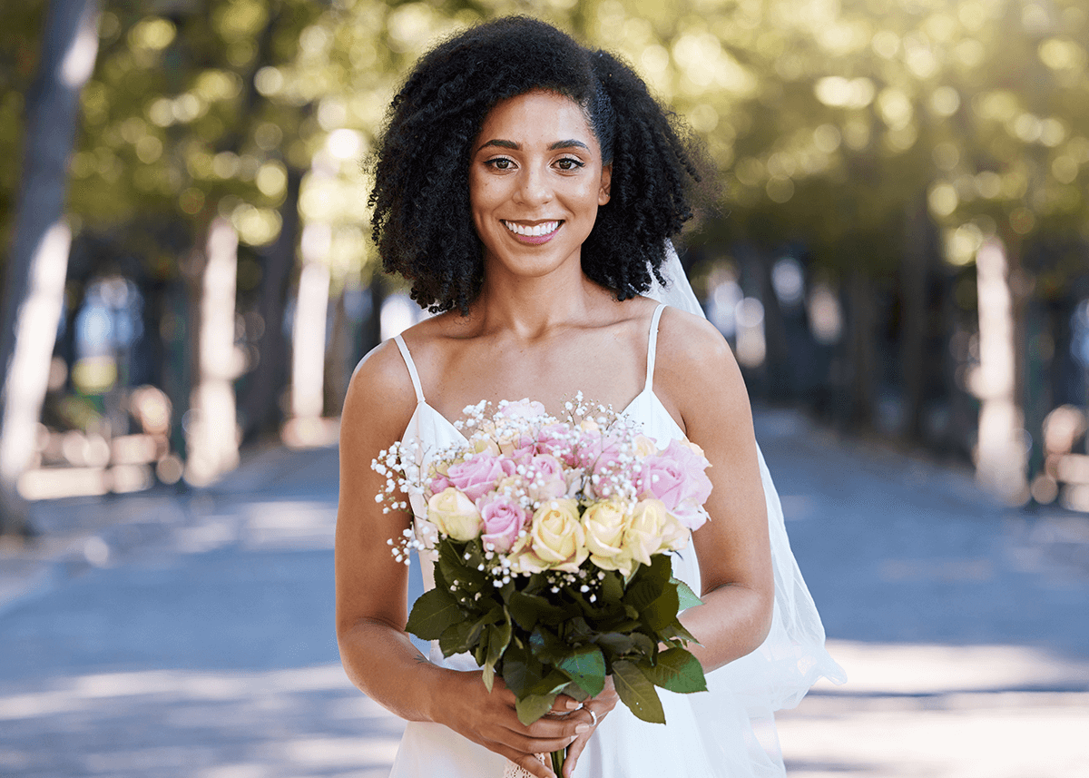 Black Woman Wedding and Bride Portrait with Bouquet