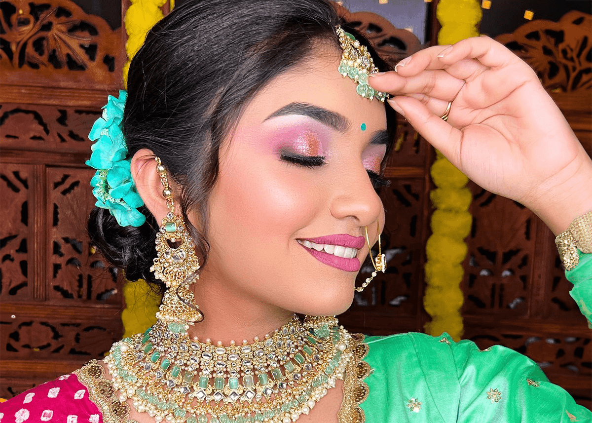 Indian bridle shimmering pink orange purple makeup