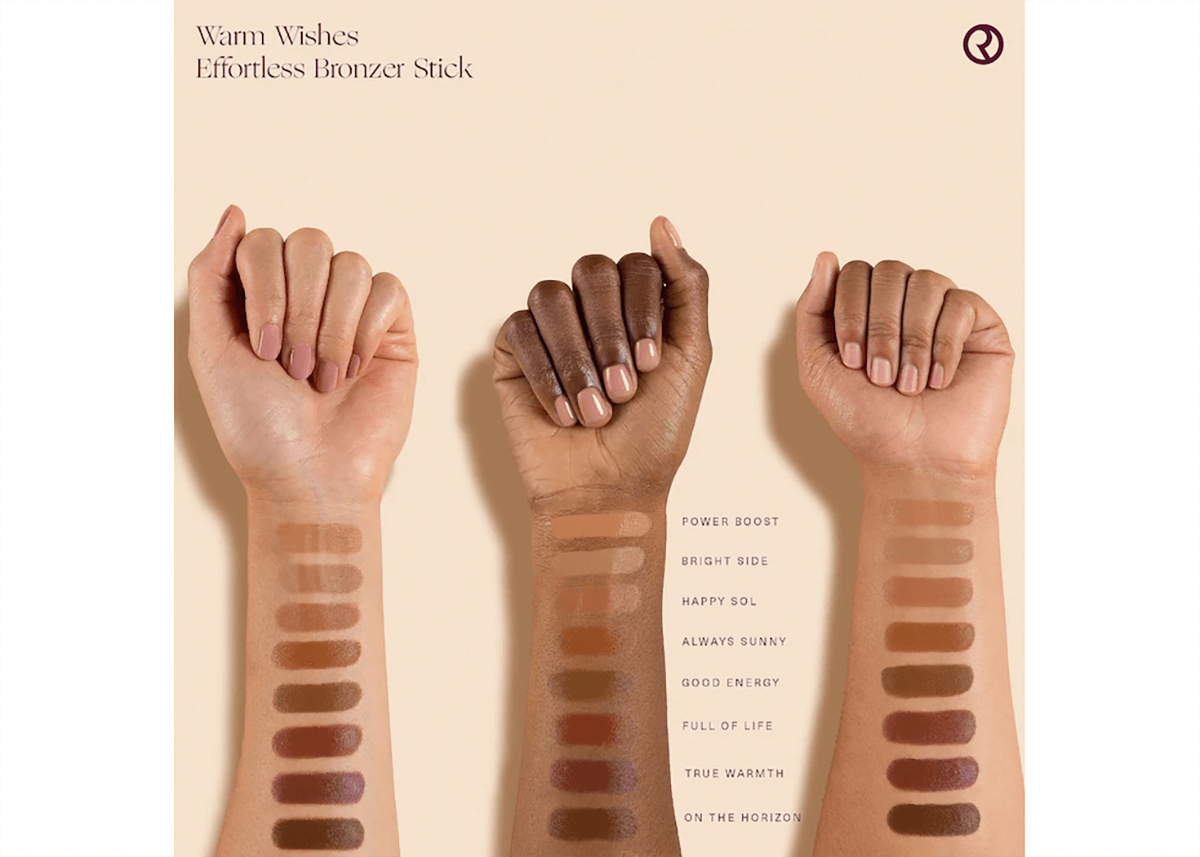 rare beauty bronzer stick swatches on skin tones