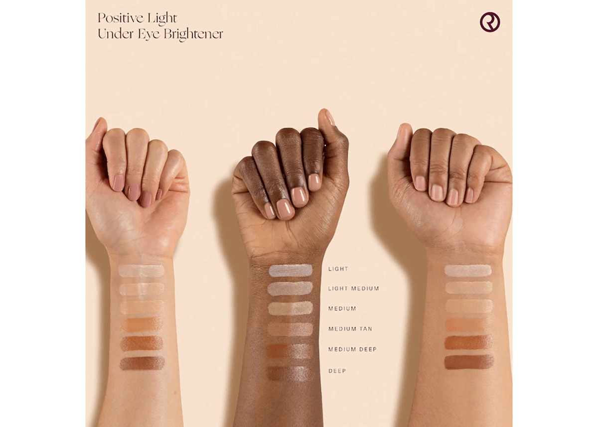 rare beauty positive light eye brightener swatches on skin tones