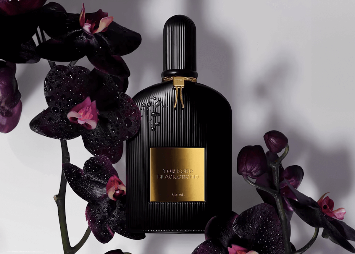 tom ford black orchid bottle in flowers